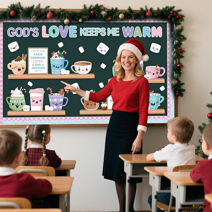 Religious Winter Bulletin Board Set God's Love Keeps Me Warm Classroom Decorations Christian Coffee Hot Cocoa Marshmallow Paper Cutouts for Door Wall Church Home Winter Holiday Supplies