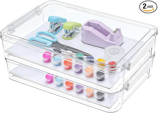 2-Pack 5.5qt Clear Stackable Plastic Storage Boxes with Lids & Snap-Tight Latches – A4 File, Document, Craft Organizer for Home & Office (Large, 13.7” x 9.2” x 2.6”)