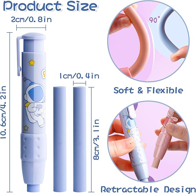 Cute Pencil Erasers, Kids Retractable Erasers with Refills, Standard Pen-Style Erasers, Fun Click Erasers, Kawaii Japanese Stationery Supplies (Blue)
