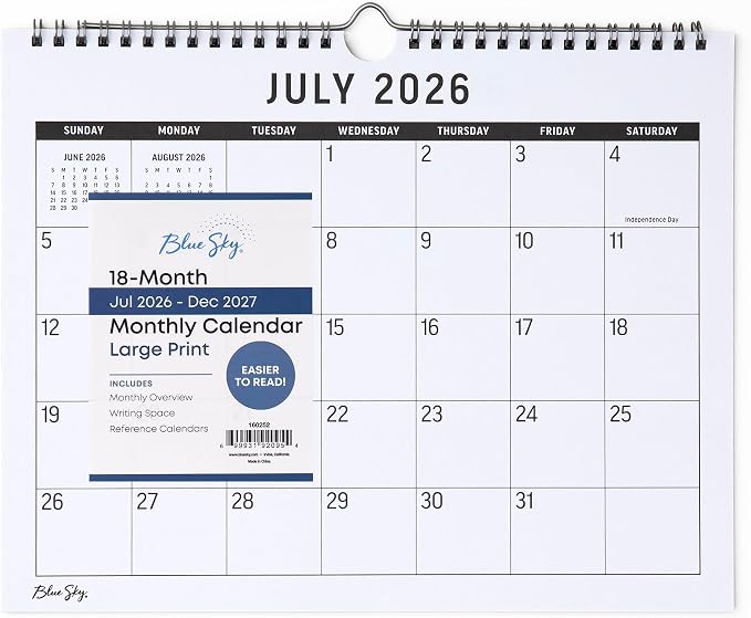 Blue Sky 2026-2027 18 Month Large Print Monthly Academic Year Wall Calendar, July 2026 - December 2027, 11" x 8.75", Durable Twin Wire Binding, Perfect For Home, Office And Classroom, Silver