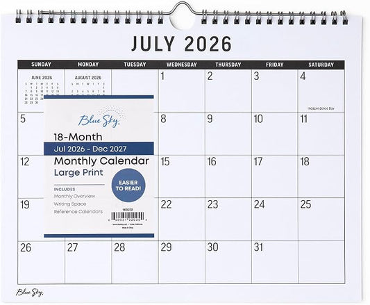 Blue Sky 2026-2027 18 Month Large Print Monthly Academic Year Wall Calendar, July 2026 - December 2027, 11" x 8.75", Durable Twin Wire Binding, Perfect For Home, Office And Classroom, Silver