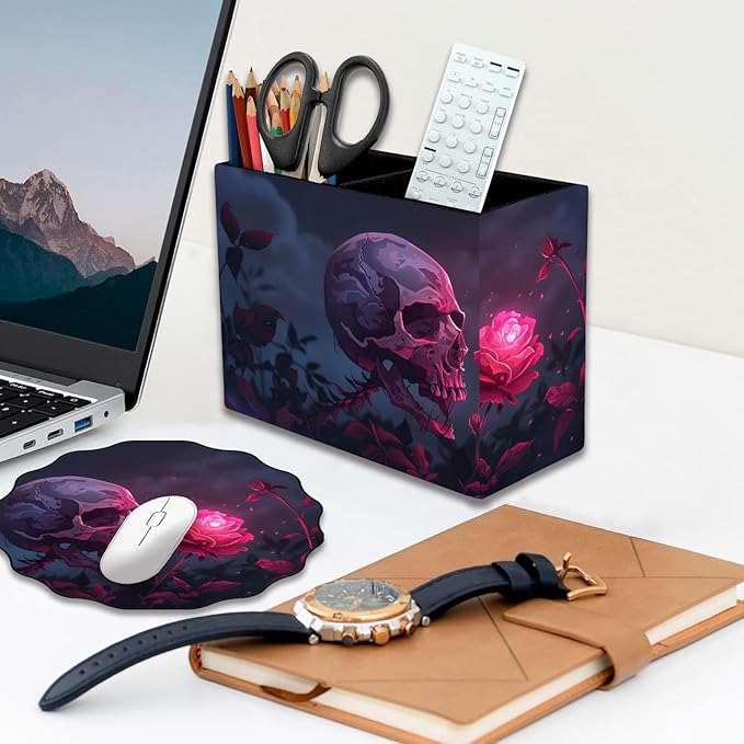 Pen Holder and Anti-Slip Mouse Pad Combination, Makeup Brush Storage Box, Tableware Storage Box, Suitable for Office and Home - Rose Skull