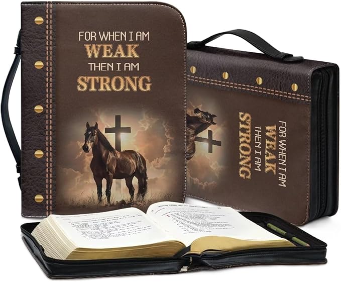 Leather Bible Cover Case for Men with Leather Bookmark (Set of 1),Brown Bible Covers,Cross of Horses and Scripture,Small