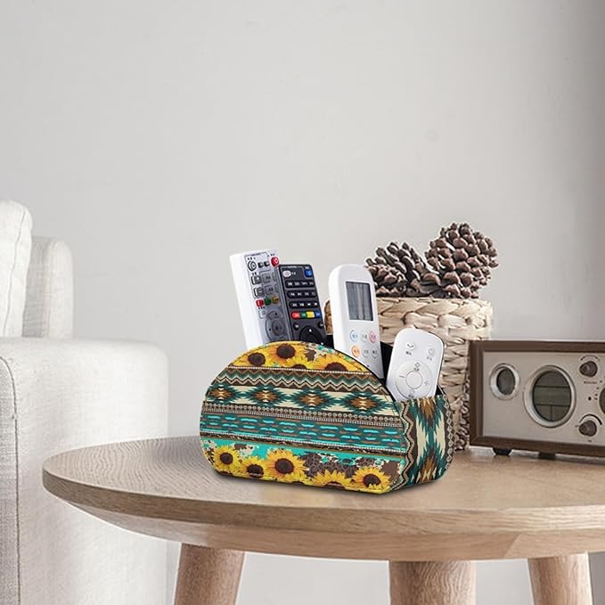 FUSURIRE Aztec Sunflower Leopard Print Tv Remote Controllers Holders for Desk Bed Couch Sofa, PU Leather Desk Storage Box Cosmetic Storage Cup Multi-functional Pencil Holder, Home&Office Accessories