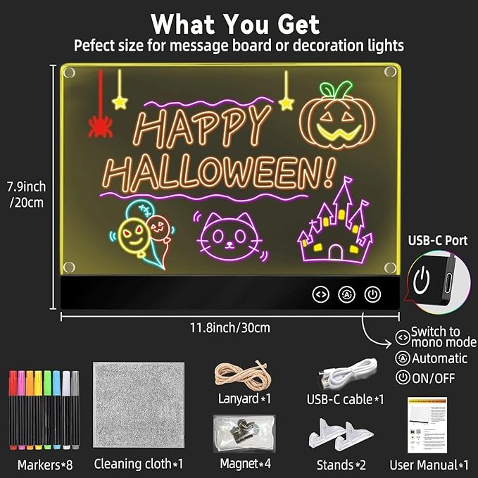 LED Magnetic Note Board with 11 Light Modes, 11.8"x7.9" Desktop Acrylic Dry Erase Board with Light, Magnetic Glowing Message Board with Stand & Hanging Chain, Professional Desktop Signage for Office