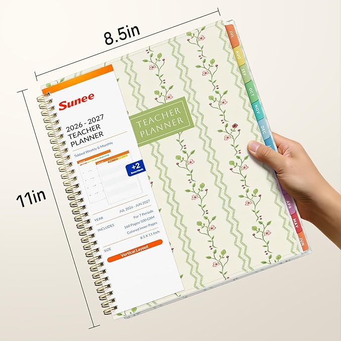 SUNEE Teacher Planner 2026-2027 Academic Year, 7 Periods Lesson Plan Book Jul 2026 - Jun 2027, 8.5"x11" Daily Weekly Monthly Organizers Vertical Layout with Bookmark, Waterproof Cover, Floral Stripes