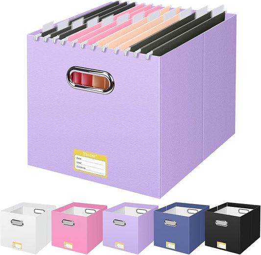 BALEINE File Organizer Box, Cardboard File Folder Organizer with Handle for Letter Size, Portable Collapsible Hanging Filing Box for Home Office Document Storage (1 Pack, Large Lavender)