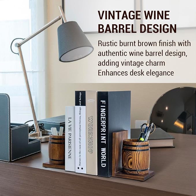 MyGift Wood Decorative Bookends with Pencil Holder, Office Desk Books Ends and Pen Holders as Vintage Wooden Barrels, Heavy Duty Bookends for Shelves, Rustic Burnt Brown Wine Barrel Design,1 Pair