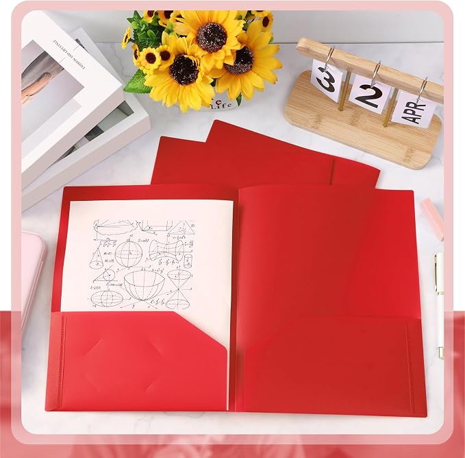 Gueevin 100 Pack Plastic Folder with Pockets, 2 Pocket Folders, Plastic Glossy Folders Fit Letter Size Paper, Heavy Duty Durable File Folder with Business Card for Home Office School (Red)