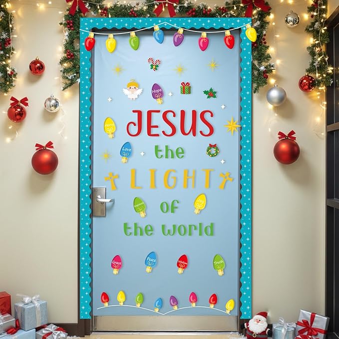 82 Pcs Christmas Religious Bulletin Board Decorations Colorful Light Bulb Jesus the Light of the World Cutouts Xmas Christian Faith Bulletin Board for Sunday School Classroom Decoration