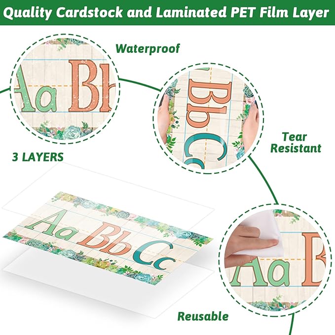 12 Pieces Alphabet Bulletin Board Strips Set Alphabet Line ABC Alphabet Banner & Number Border Posters for Preschool Kindergarten Classroom Playroom Bedroom (Succulent)