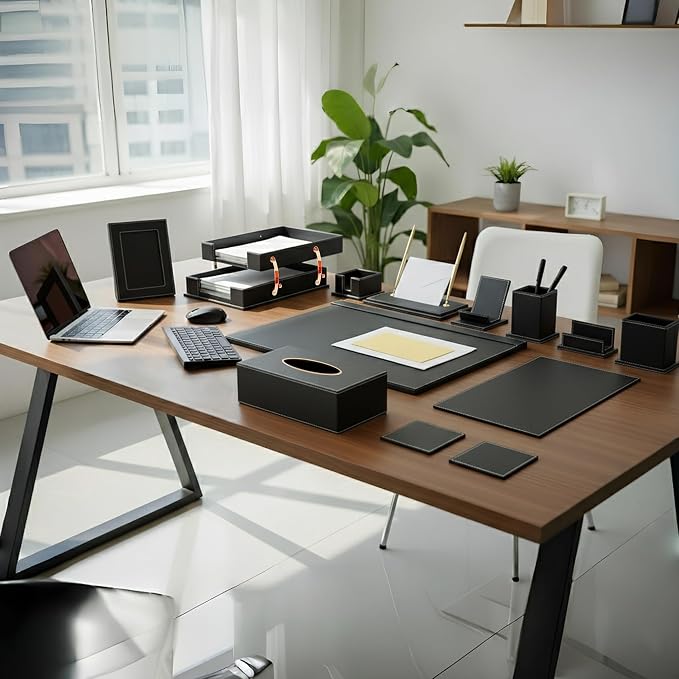 Leather Desk Set, 11-Piece All-in-One – Executive Desk Accessories & Office Supplies, Desk Organizer with Desk Pad & Blotter, 2-Tier Letter Tray, Luxury Office Desk Decor & Boss Gifts (Black)