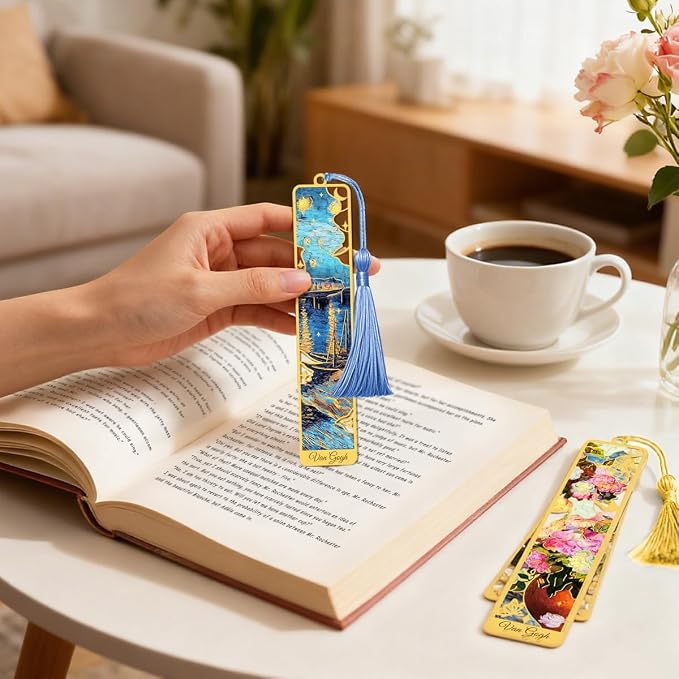 Kinsound Metal Bookmarks with Tassel, Golden Van Gogh Monet Oil Painting Theme Cute Hollow Book Markers for Reading Women, Teachers, Students, Reading Accessories Gifts for Book Lovers (Style B(8PCS))