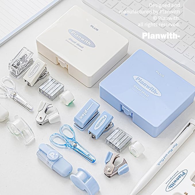 8Pieces Tool Set Includes Paper Hole Puncher Stapler Staple Scissors Staple Remover Marker Clear Adhesive Tape Scrapbook Photo Album Expansion Tool