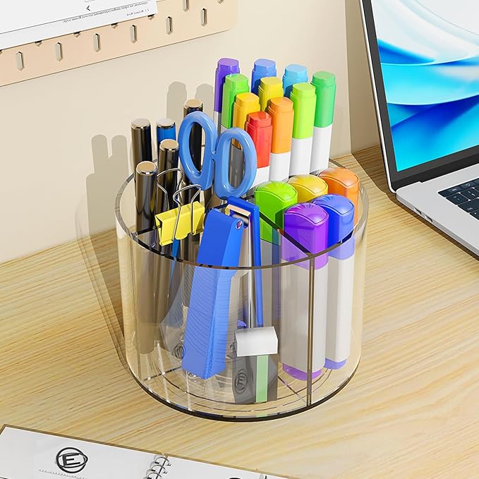 Mefirt Acrylic Pen Holder, 360 Degree Marker Organizer for Desk, Rotating Desk Storage With 4 Compartments, Art Supply Crayon Holder for Office School Home, Clear