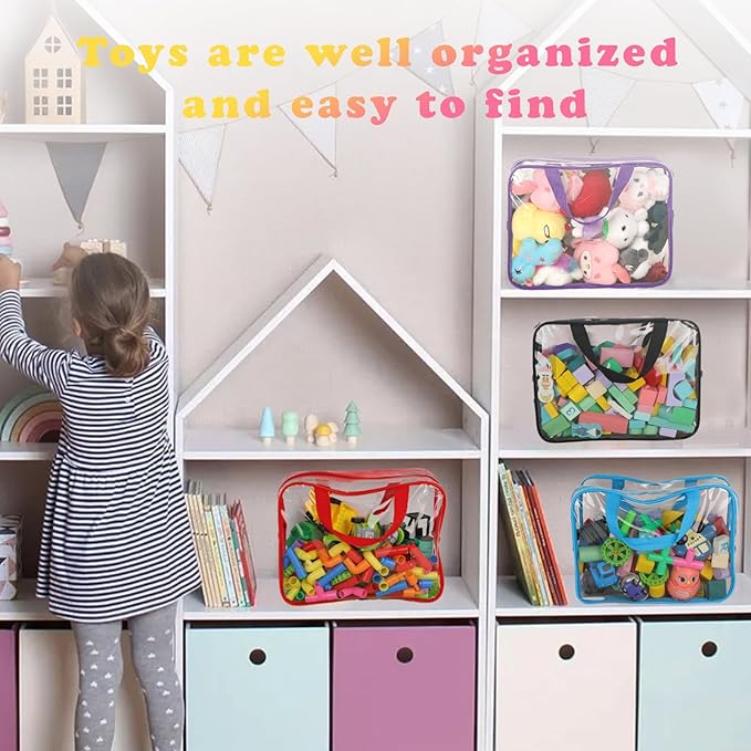 9 Packs Toy Storage Bags with Labels, 11.8x8.7x3.9In Large PVC Reusable Clear Board Game Storage with Zipper, Travel Waterproof Organizer Bags for Building Blocks, Puzzle, Books, Stationery