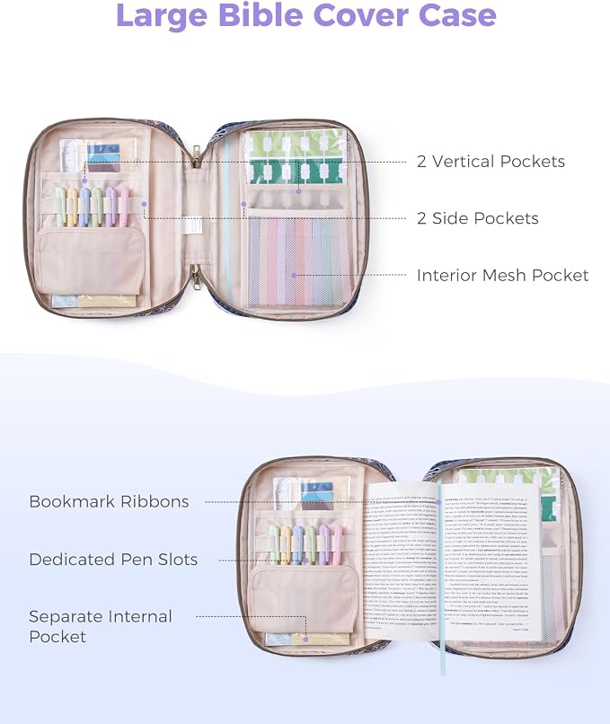 WANDF Bible Cover Case for Women, Quilted Bible Bag with Straps (L,Brown) | Large Capacity, Bible Study Supplies, Church Service, Journaling Accessories, Christian Gifts
