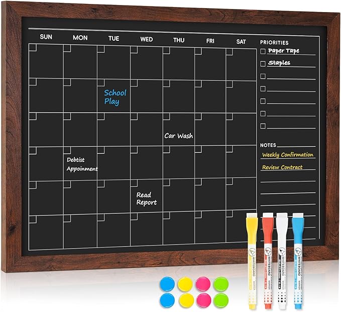 4 THOUGHT Monthly Calendar Chalkboard for Wall, 24" x 18" Magnetic Chalk Board with Rustic Frame, Large Blackboard Planner & Menu Board for Kitchen Home Office School, Includes 4 Markers & 8 Magnets