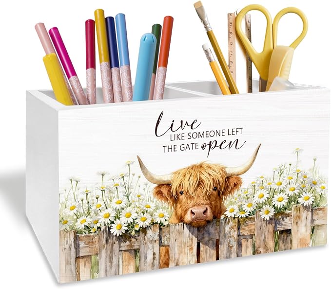 Rustic Daisy Floral Highland Cow Pen Holder for Desk, Highland Cow Gifts Pencil Organizer, Live Like Someone Left the Gate Open Wooden Box Sign Desk Decor for Home Office Decoration