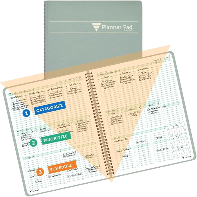 Planner Pad Spiral Bound January-December 2027/ Calender Year 8 1/2" x 11" Large 3-Tier Funnel Down 12 Month Organizer, Greenish Grey Cover/Soft Green Ink
