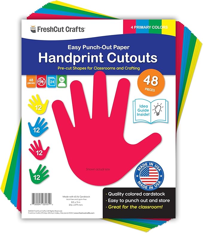 48 Piece Handprint Primary Cutouts with IDEA Guide, US Made 2-Sided Brightly Colored Card Stock Punch Out Handprint Paper Accents for Bulletin Boards, Classroom Decor, Back to School & DIY Crafting