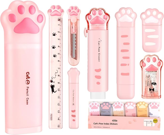 Cute School Supplies,Stationary Gift Set, Japanese Stationery Birthday GIFS, Includes Pencil Sharpener,Eraser, Correction Tape, Ruler, Mini Scissors,Utility Knife, for Office School Supplies (Pink)