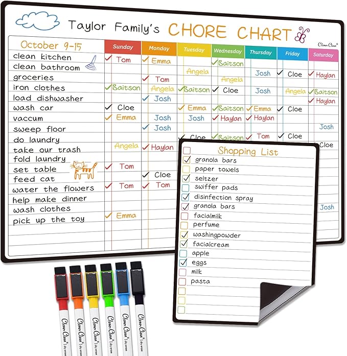 Magnetic Dry Erase Chore Chart - 14.5"x11" Chore Chart for Kids, Teens and Adults - 6.5"x8.5" List Board for Fridge - 6 Extra Fine Point Markers Included - Shipped Flat