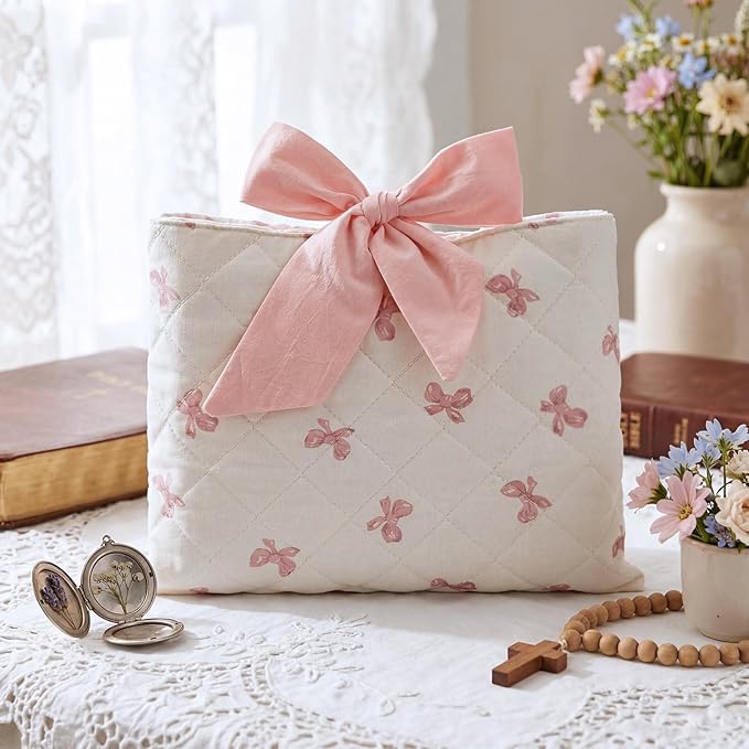 Honoson Quilted Bow Bible Sleeve Cover Case Padded Protector Washable Bible Bag Pouch Christian Gift for Women Girls Book Lover Gifts(Pink Bow)