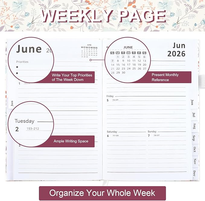 2026 Planner, 2026 Planner Weekly and Monthly with Tabs, 2026 monthly planner with Color Pen, Sticky Notes and Stickers, 6.2" x 8.5", Durable Twin Wire Binding, Storage Pocket - Flower