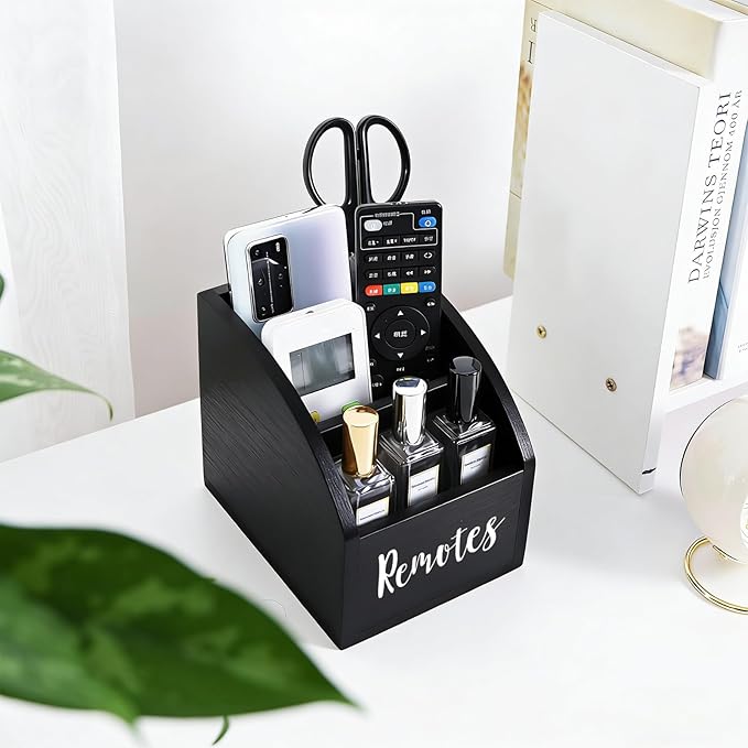 Rustic Vintage Wooden Desk Organizer Farmhouse Wood Remote Control Caddy, 3 Slot Tabletop Desktop Office Supply Storage Rack Desktop TV Remote Control Holder Home Decor Office Supplies Storage (Black)