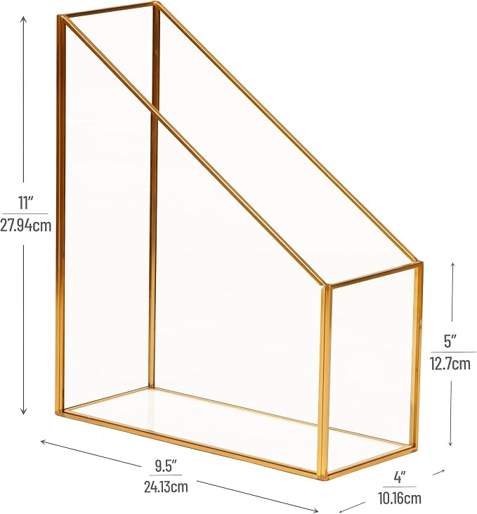 Mind Reader Vertical Glass File Holder with Copper Trim, Angled Magazine Organizer for Documents, Folders & Mail, Glass and Copper, Clear