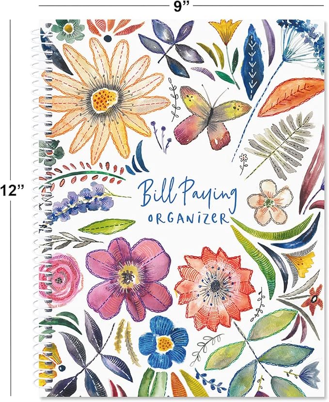 Current Embroidered Florals Bill Paying Organizer Book-9" x 12” Personal Account Book,Spiral Bound,14 Storage Pockets,32 Label Stickers, Monthly Finance & Payment Management Tracker for Home & Office