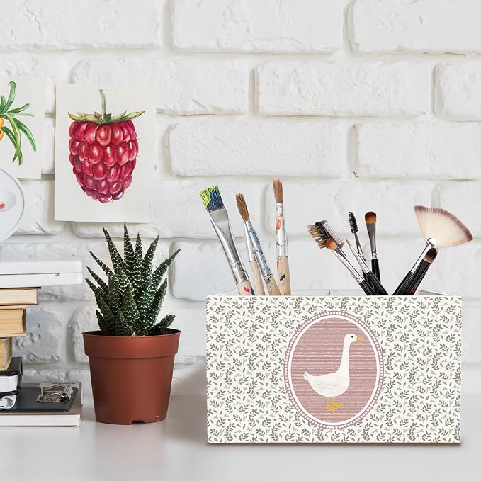 Vintage Floral Goose Pen Holder for Desk, Goose Gifts for Women Pencil Organizer, Cottagecore Botanical Farm Animal Wooden Box Sign Desk Decor for Nursery Home Office Decoration