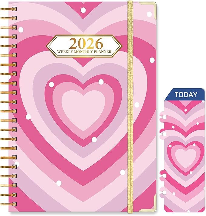 2026 Planner, Jan.2026 - Dec.2026 Planner Weekly and Monthly 6.25"x8.5" with Page Tabs, Calendar Hardcover with Inner Pocket, Elastic Band, Twin-Wire Binding, Bookmark, Pink Big Heart