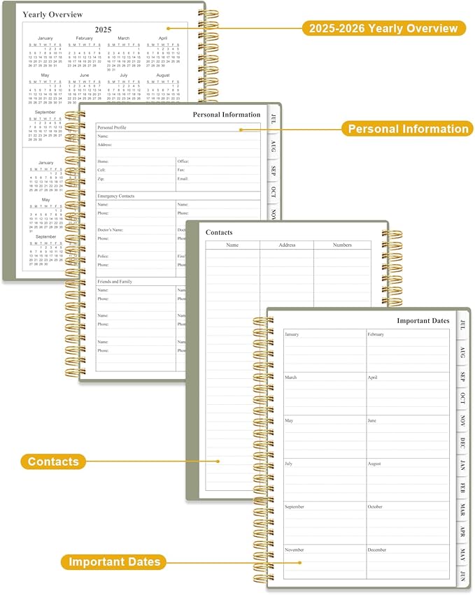 Planner 2025-2026 - Academic Year Planner from July 2025 to June 2026, Weekly & Monthly Planners Spiral Bound with 12-Month Tabs, Inner Pocket, 6.25" x 8.5", Green