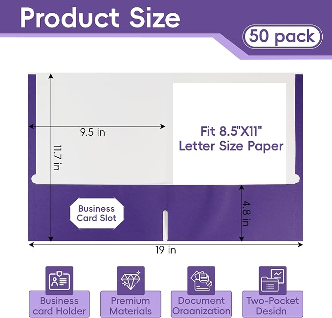 VZCPYTPM 50 Pack Purple Folders with Pockets,2 Pocket File Folders for Letter Size (8.5 x 11 Inch),Professional Design with Business Card Slot for Office and School Organization