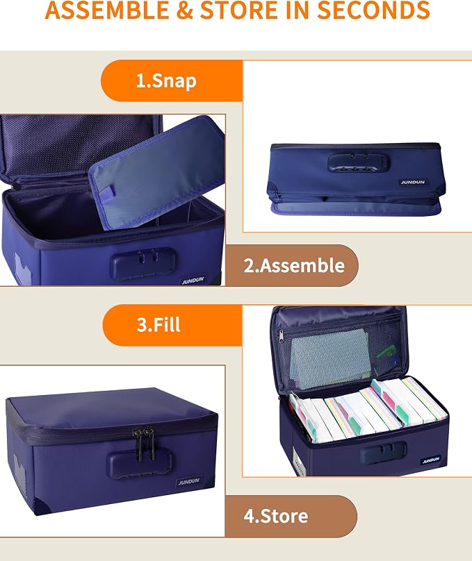 JUNDUN Index Card Holder with Lock,Collapsible Fireproof Index Card Box fits 1200 3x5-Inch Flash Cards - Business, Recipe, or Note Card Storage Boxes - Blue