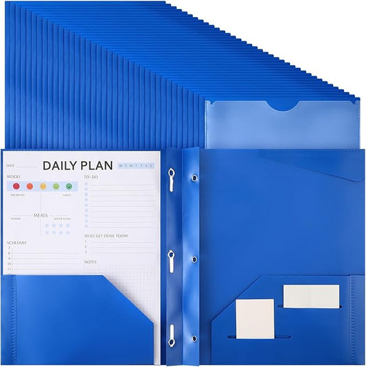 Tenceur 48 Pack Plastic Folders with 3 Prongs Bulk Heavy Duty Folders with Clear Front Pockets and Card Slots with Fasteners Fit Letter-Size Papers for Work School Office (Blue)