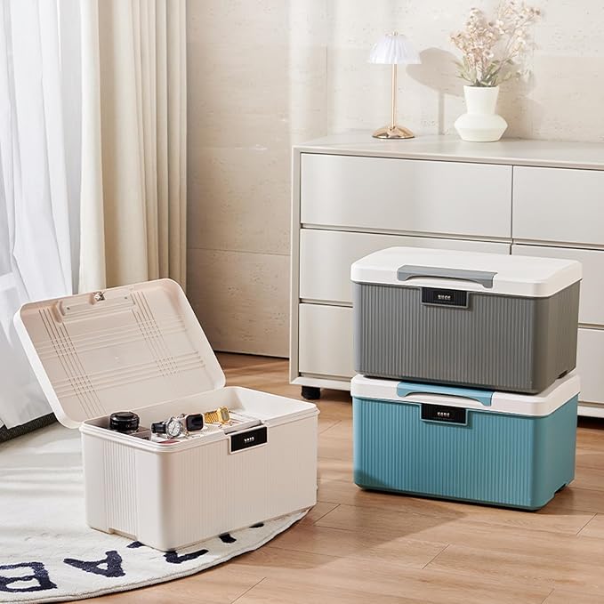 Lockable Storage Container Bin with Combination Lock - 2.3 Gallon Capacity Organizer Box & Plastic Trunk for Office/Home Security | Heavy Duty ABS Storage Box, White&Grey