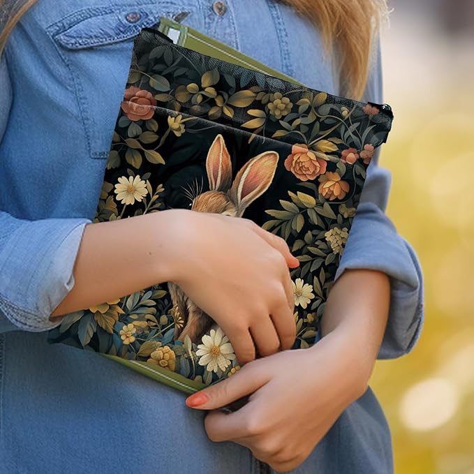 Vintage Flower Rabbit William Morris Book Sleeve for Book Lovers, Bookish Book Protector with Zipper, Washable Fabric Book Cover for Paperbacks & Hardcovers,11.4 x 9.1Inches (Black-Rabbit, Medium)