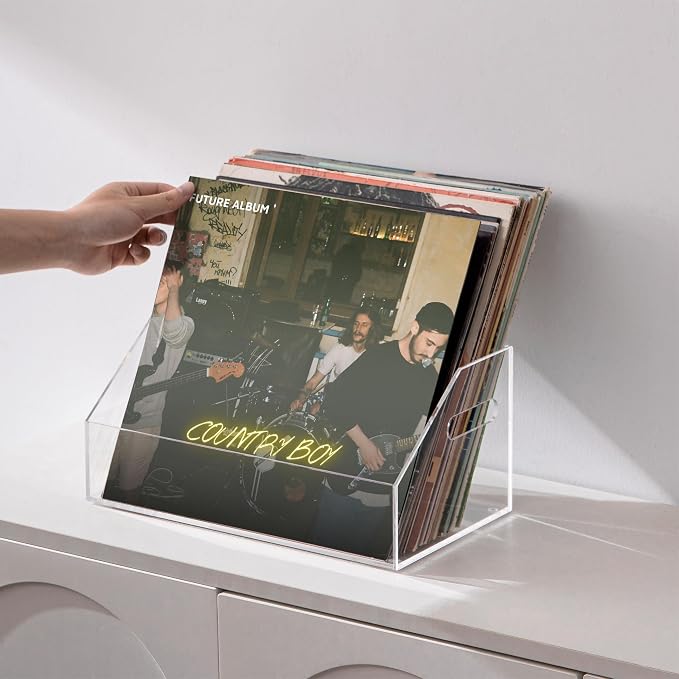 eletecpro No Assembly Acrylic Vinyl Record Storage Bin with Portable Handle, Fits 7/10/12 Inch and Holds Up to 40 LPs, Desktop Album Display Holder & Modern Multipurpose Organizer, Clear