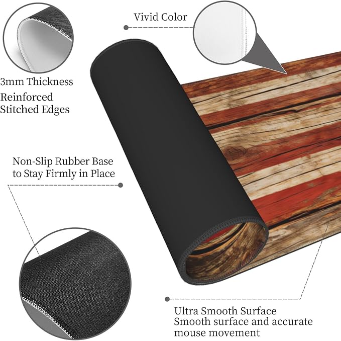 American Antique Flag Wood Gaming Mouse Pad, Large Mouse Pad for Desk Mat XXL XL Mousepad, Big Keyboard Pad Office Desk Accessories Decor