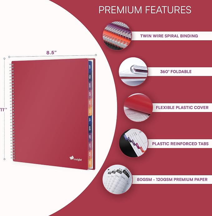 Ensight 2026 Appointment Book and Planner 8.5" x 11" Large Hourly Weekly Daily Schedule Book with Tabs, 15 Minute Time Slots, Maroon Calendar Organizer Jan 2026–Dec 2026 Appointment Planner - Maroon