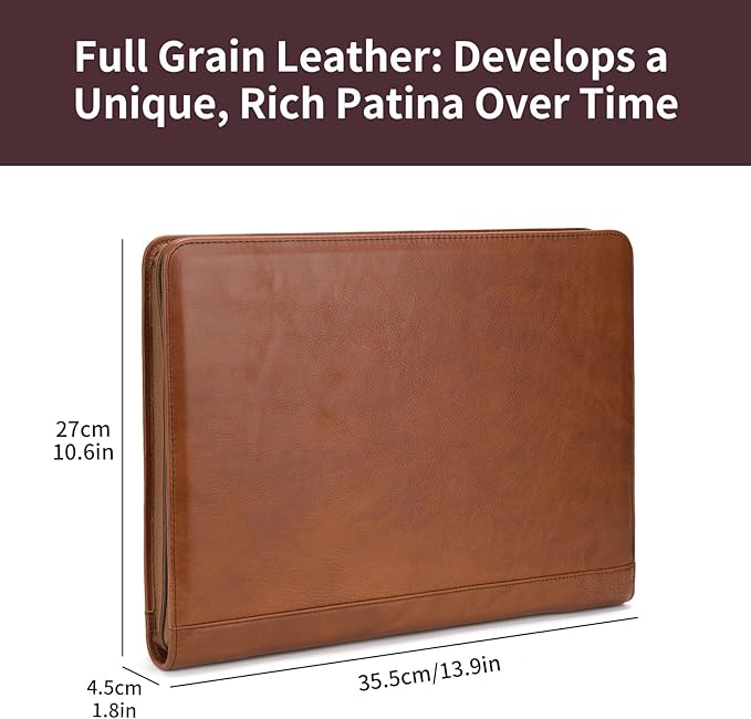 Genuine Leather Portfolio for Women and Men, 8.5 x 11 Legal Pad Padfolio, Zippered Notebook Organizer for 13” Laptop, Business Executive Professional Folio for Work, Brown, Oil Tanned