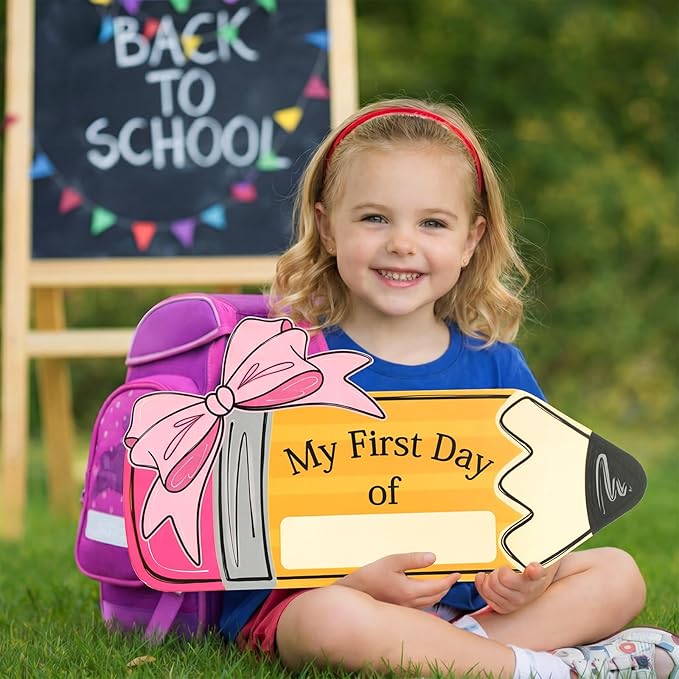 Novabright Pink Bow First Day of School Board Double Sided Printing Pencil First Day Sign 1st of Kindergarten Preschool Chalkboard for Back to School Supplies Kids Girls