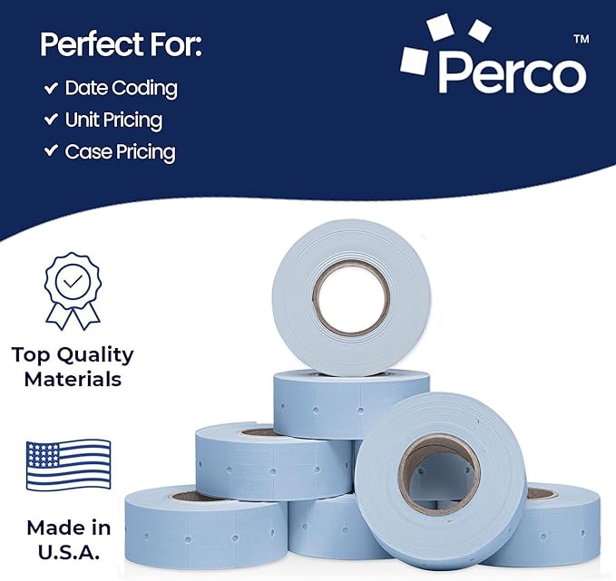 Perco 2 Line Blue Labels - 32 Rolls, 4 Sleeves, 24,000 Blank Price and Date Gun Labels for Perco 2 Line Price and Date Guns - Made in USA