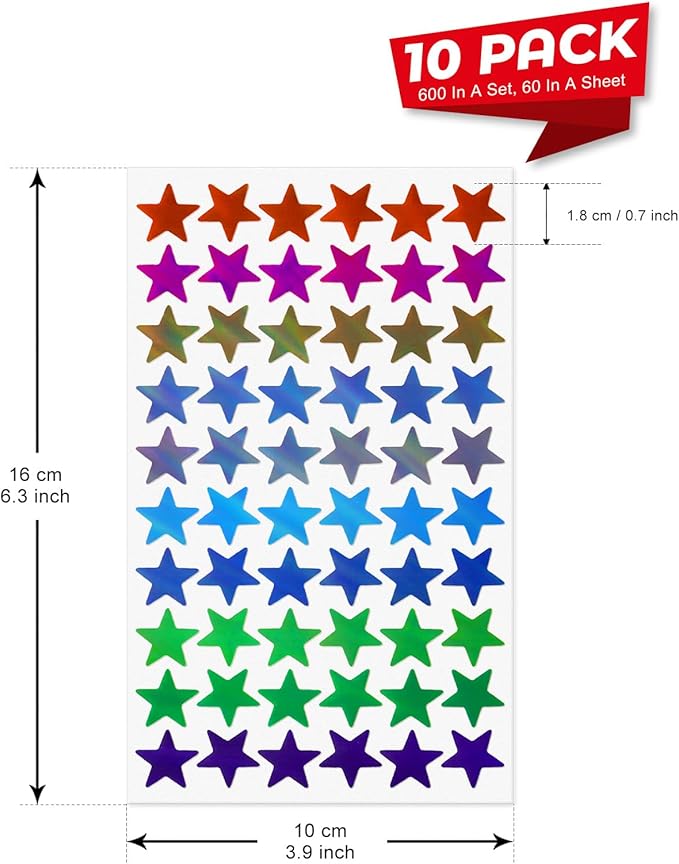 600 PCS Colorful Star Stickers Holographic 0.7” Vinyl Self Adhesive Samll Sparkle Foil Labels Waterproof Reward Decals for Students Teachers