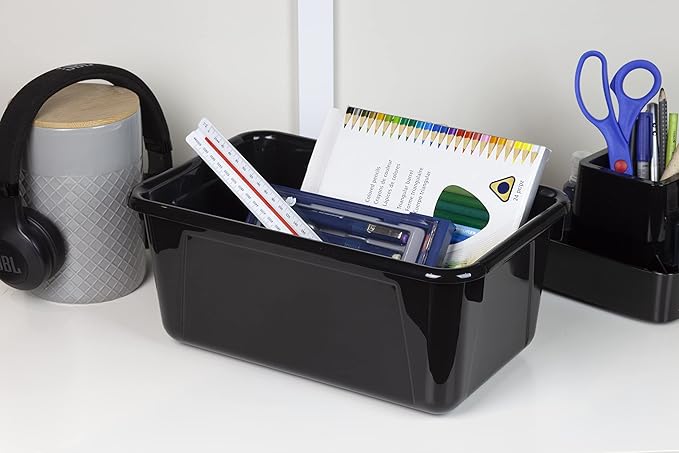 Storex Small Cubby Bins – Plastic Storage Containers for Classroom with Non-Snap Lid, 12.2 x 7.8 x 5.1 inches, Black, 5-Pack (62463U05C)