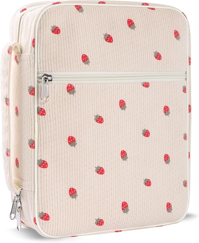 WOBAGMEN Bible Cover Case for Women,Large Bible Tote Bags Organizer Corduroy Carrying Case for Girls,Bible Study Supplies Accessories Christian Gifts for Women(Strawberry M)