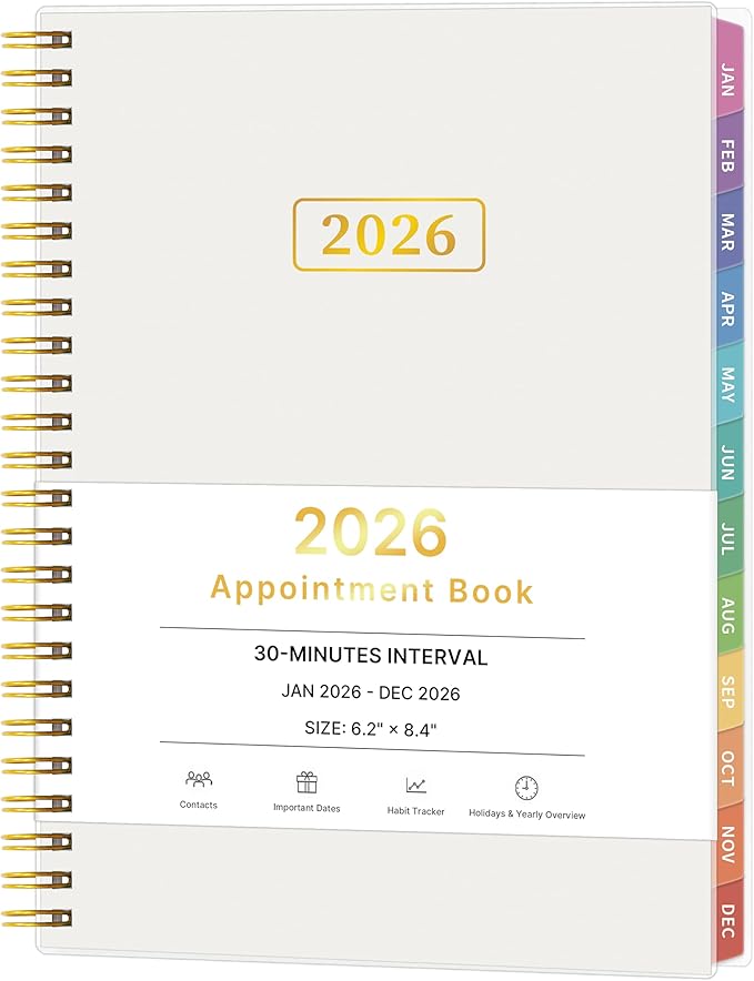2026 Appointment Book, 30 Minutes-Hourly, Weekly ＆ Monthly Calendar Planner 2026, Jan 2026 - Dec 2026, 6.2'' x 8.4'', 2026 Daily Planner with Tabs ＆Pocket, Flexible Cover, Great for Office, Home, School